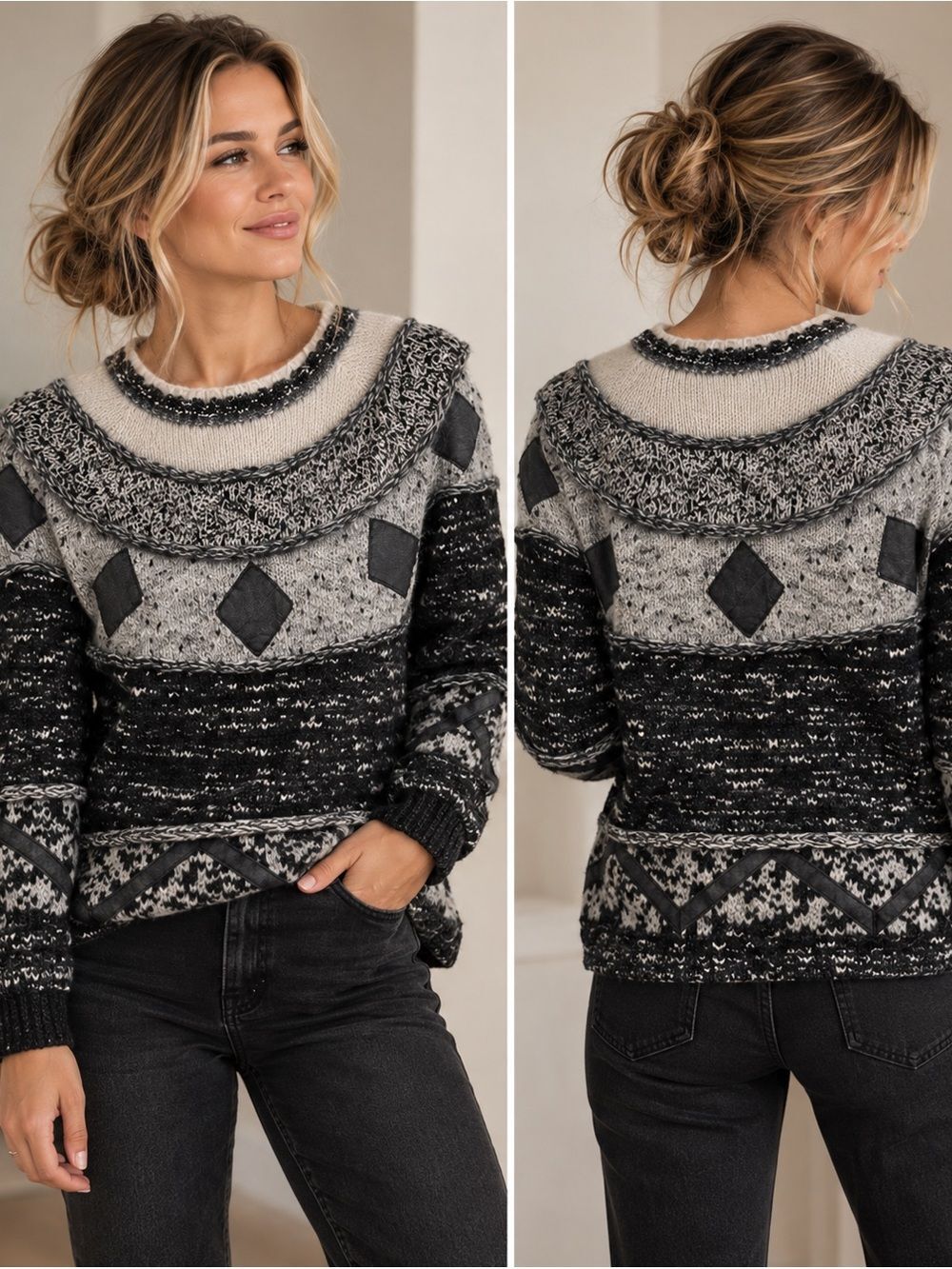 Vintage Susann D Wool Angora Sweater M Black White Mixed Knit Faux Leather